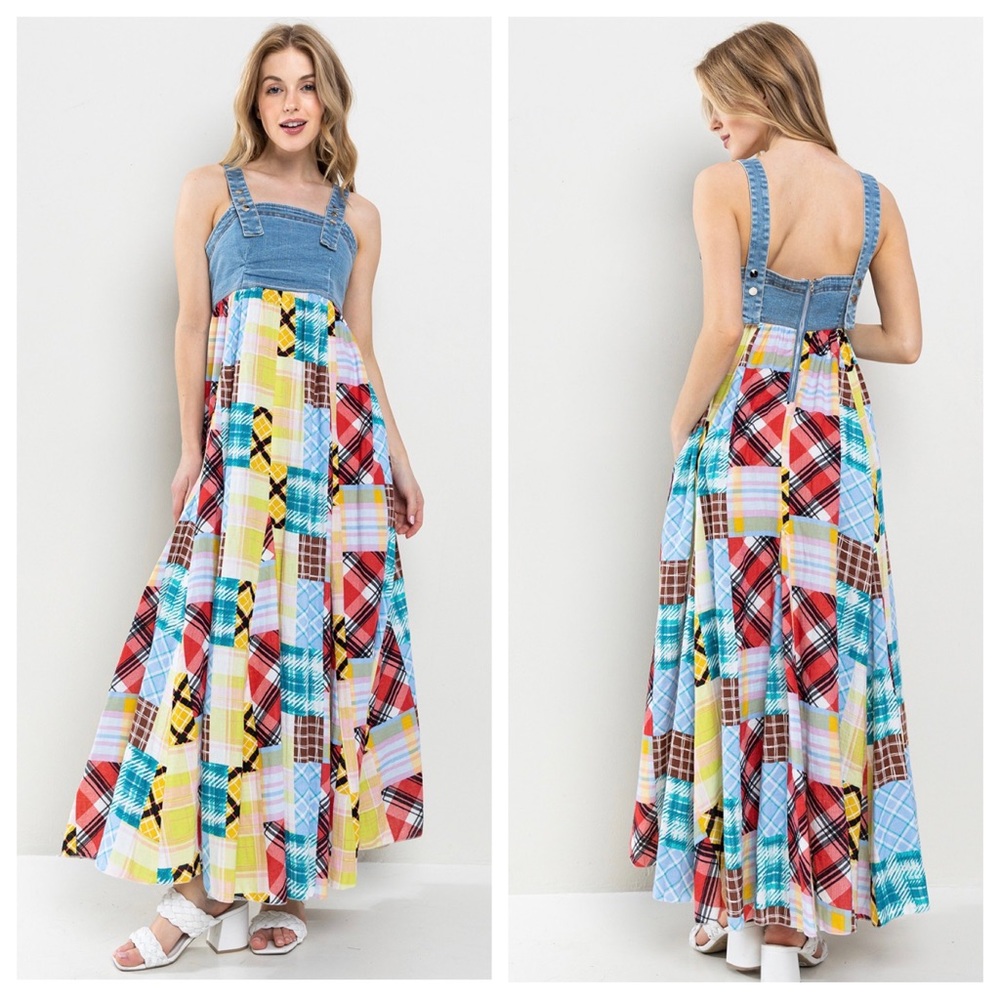 24 Fabulous Denim Multi Fabric Pleated Suspender Maxi Dress - Picture 1 of 5